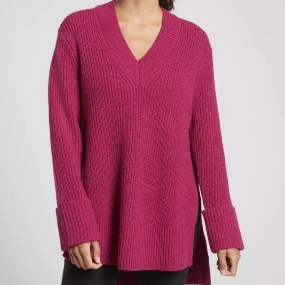 Athleta Shasta V Neck Sweater Hi Low 632081 SMALL FUSCHIA - VERY OVERSIZED